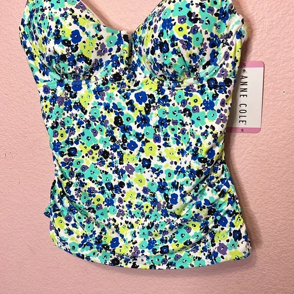 Anne Cole Ladies Tankini Swim Top Blue Ditsy w/ Purple. Size S - Picture 5 of 11